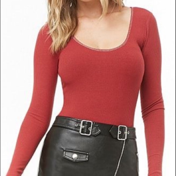 Forever 21 Tops - F21 Dark Red Long Sleeved Ribbed Bodysuit